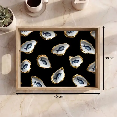 Oesters - Vissen - Blauw - Goud Dienblad Rechthoek middel -USP_Formaat