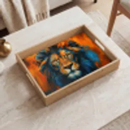 Schilderij - Leeuwenkop - Oranje Dienblad Rechthoek middel -sfeer1