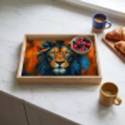 Schilderij - Leeuwenkop - Oranje Dienblad Rechthoek middel -sfeer2