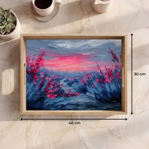Schilderij - Zonsondergang - Bloemen - Rivier Dienblad Rechthoek middel -USP_Formaat