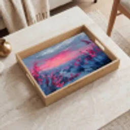 Schilderij - Zonsondergang - Bloemen - Rivier Dienblad Rechthoek middel -sfeer1