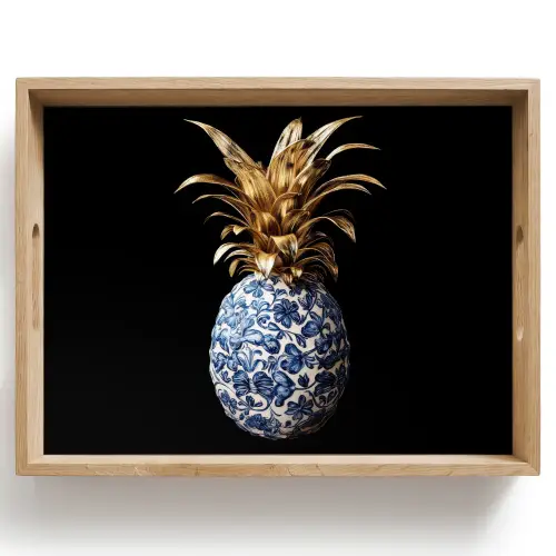 Ananas - Bloemen patroon - Goud - Delftsblauw Dienblad Rechthoek middel -z3d_shopping
