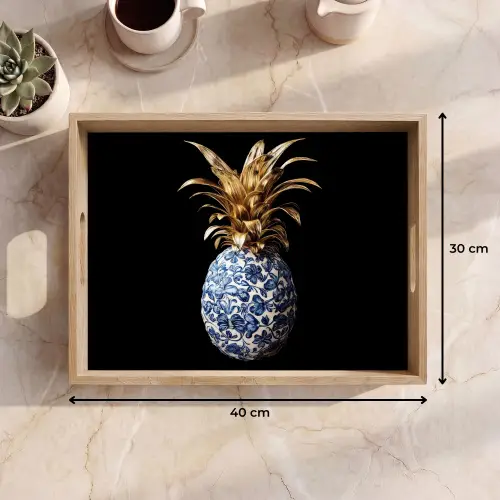 Ananas - Bloemen patroon - Goud - Delftsblauw Dienblad Rechthoek middel -USP_Formaat