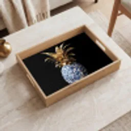 Ananas - Bloemen patroon - Goud - Delftsblauw Dienblad Rechthoek middel -sfeer1