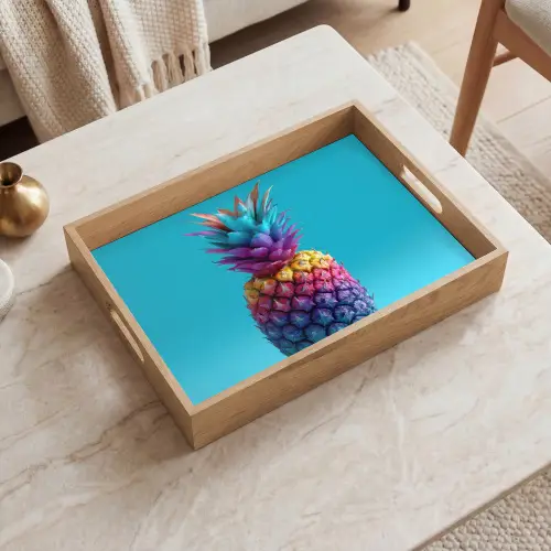Ananas - Regenboog - Blauw - Popart Dienblad Rechthoek middel -sfeer1
