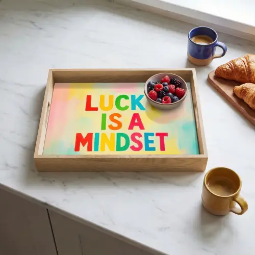 Quote - Lucky - Regenboogkleuren Dienblad Rechthoek middel -sfeer2