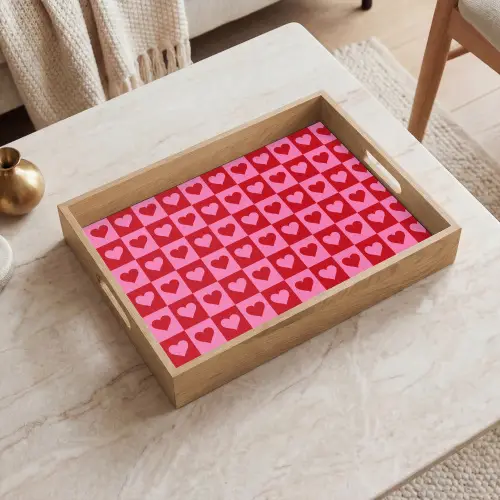 Rood - Roze - Schaakbord - Valentijn Dienblad Rechthoek middel -sfeer1