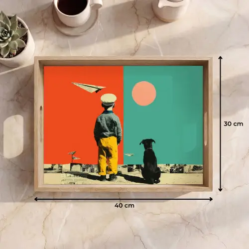 Retro - Jongen - Hond - Rood - Groen Dienblad Rechthoek middel -USP_Formaat