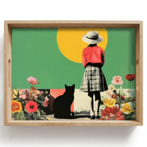 Retro - Meisje - Kat - Zon Dienblad Rechthoek middel -z3d_shopping