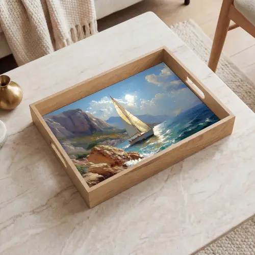 Zeilschip - Zee - Rotsen - Wolken Dienblad Rechthoek middel -sfeer1