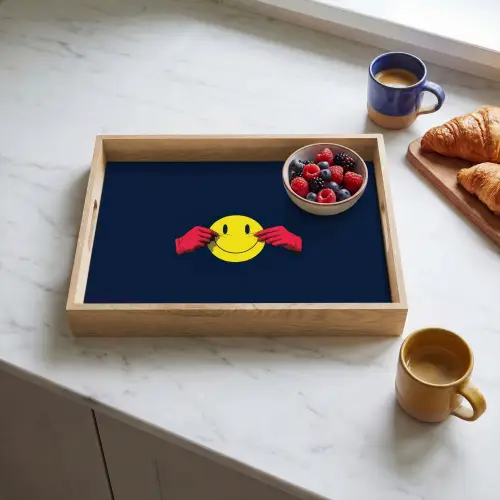 Smiley - Geel - Handen - Minimalistisch Dienblad Rechthoek middel -sfeer2