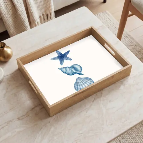 Zeester - Schelpen - Blauw Dienblad Rechthoek middel -sfeer1