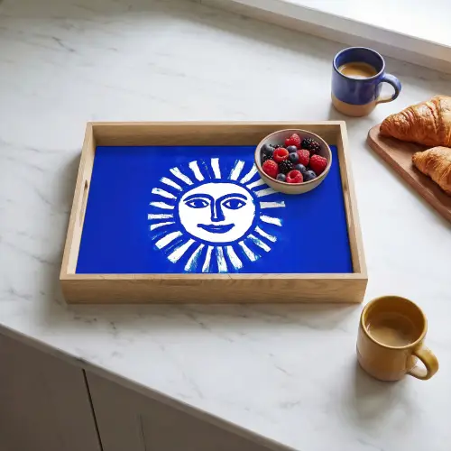 Zon - Gezicht - Penseelstructuur - Blauw Dienblad Rechthoek middel -sfeer2