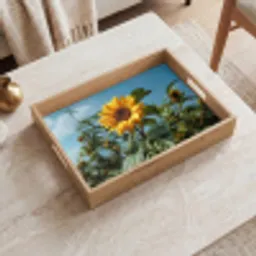 Zonnebloemen - Helderblauwer lucht - Gras Dienblad Rechthoek middel -sfeer1