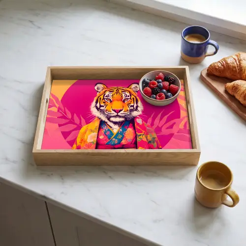 Tijger - Kimono - Planten - Roze Dienblad Rechthoek middel -sfeer2