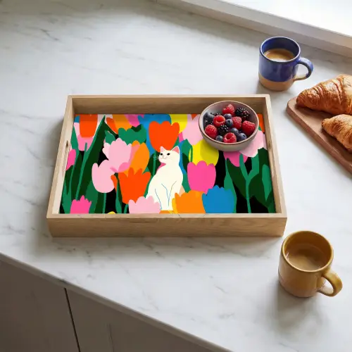 Tulpen - Kat - Kleurrijk Dienblad Rechthoek middel -sfeer2