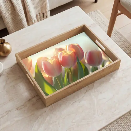 Tulpen - Roze - Zonnestralen Dienblad Rechthoek middel -sfeer1