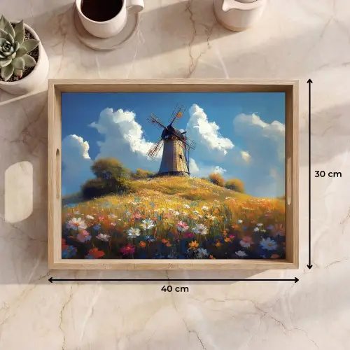 Windmolen - Heuvel - Bloemen - Kleurrijk Dienblad Rechthoek middel -USP_Formaat