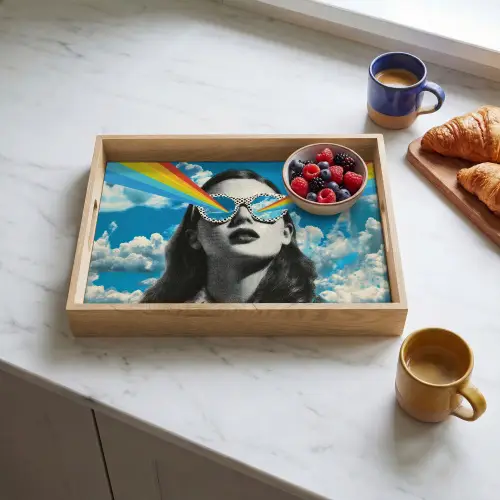 Vrouw - Bril - Regenboog - Wolken Dienblad Rechthoek middel -sfeer2