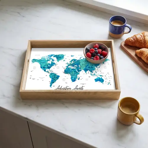 Wereldkaart - Blauw - Kleurrijk Dienblad Rechthoek middel -sfeer2