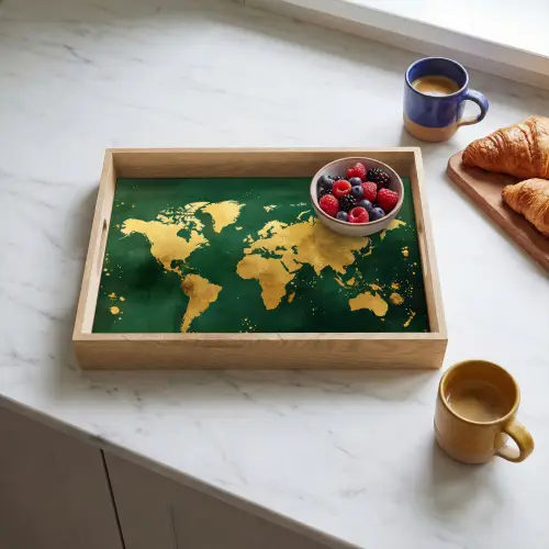 Wereldkaart - Groen - Goud Dienblad Rechthoek middel -sfeer2