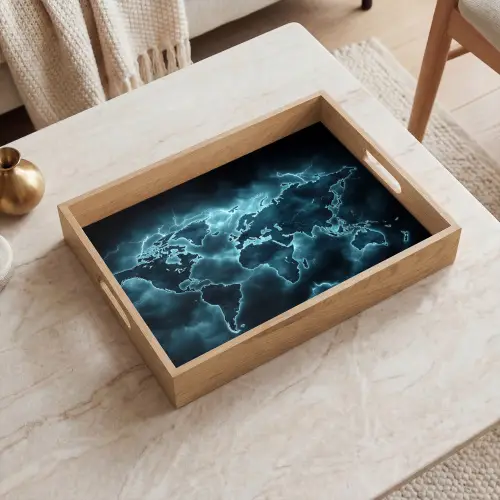 Wereldkaart - Bliksem - Blauw Dienblad Rechthoek middel -sfeer1
