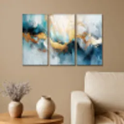 Blauw - Abstract - Wit - Goud - Verf Canvas - Meerluiken 3 luik klein -sfeer1