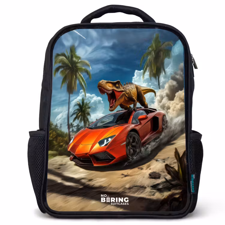 Kids' Backpacks Black - Red sports car with dino races through tropical beach — 1