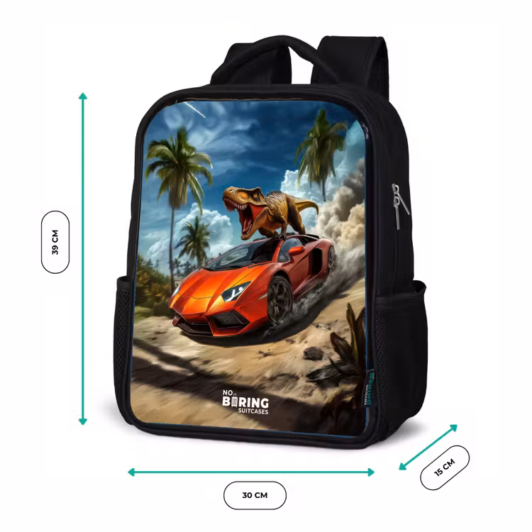 Kids' Backpacks Black - Red sports car with dino races through tropical beach — 2