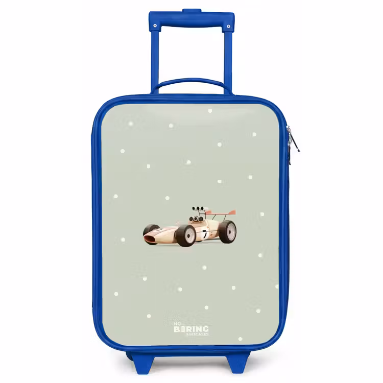 Kids’ Suitcase - Blue - Beige retro race car on green polka dots background — 1