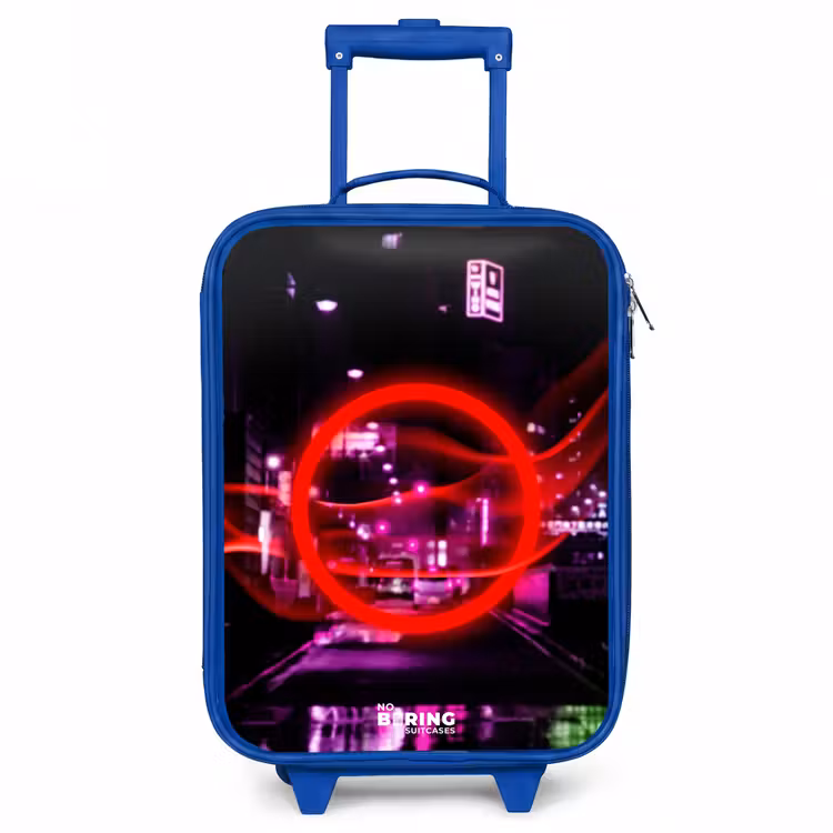 Kids’ Suitcase - Blue - Bright red circle over a neon-lit city — 1