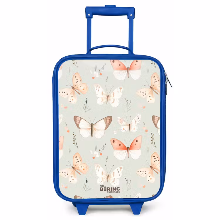 Kids’ Suitcase - Blue - Butterfly pattern in soft orange and red tones — 1