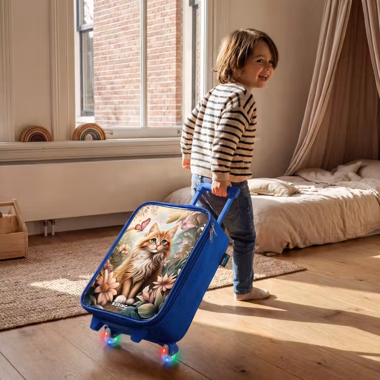 Kids’ Suitcase - Blue - Cat in field of flowers with pink butterflies. — 5