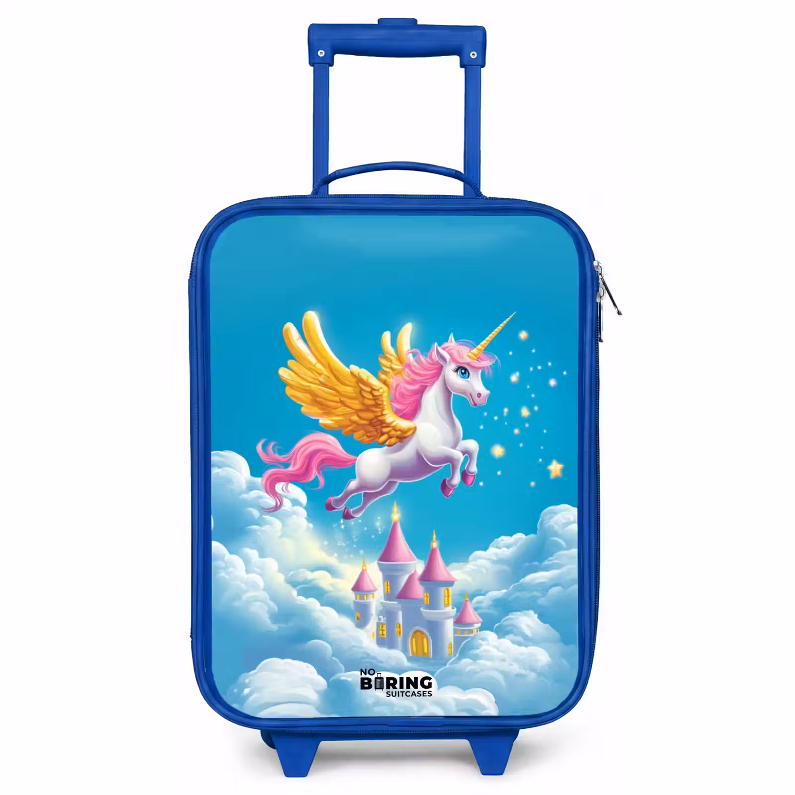 Kids’ Suitcase - Blue - Flying unicorn with golden wings above castle — 1