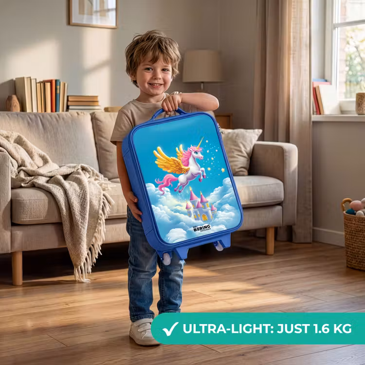Kids’ Suitcase - Blue - Flying unicorn with golden wings above castle — 4