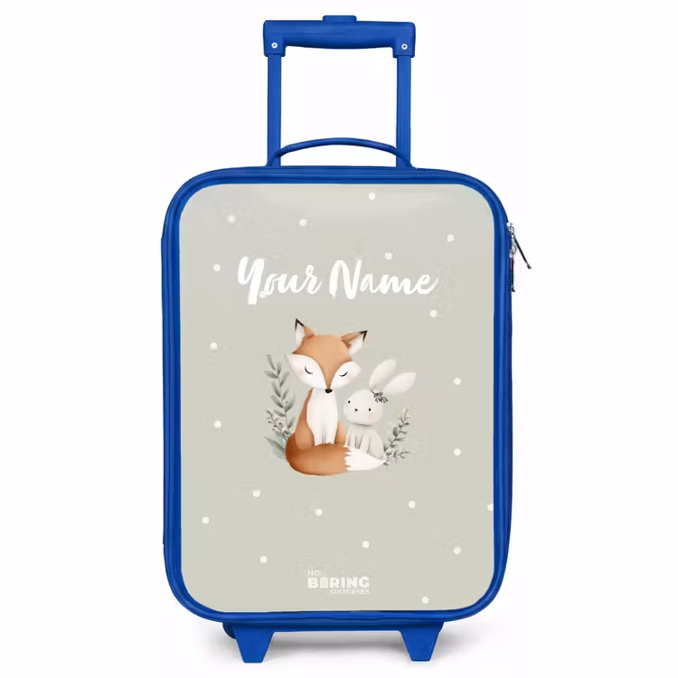 Kids’ Suitcase - Blue - Fox and rabbit surrounded by green leaves and dots — 1