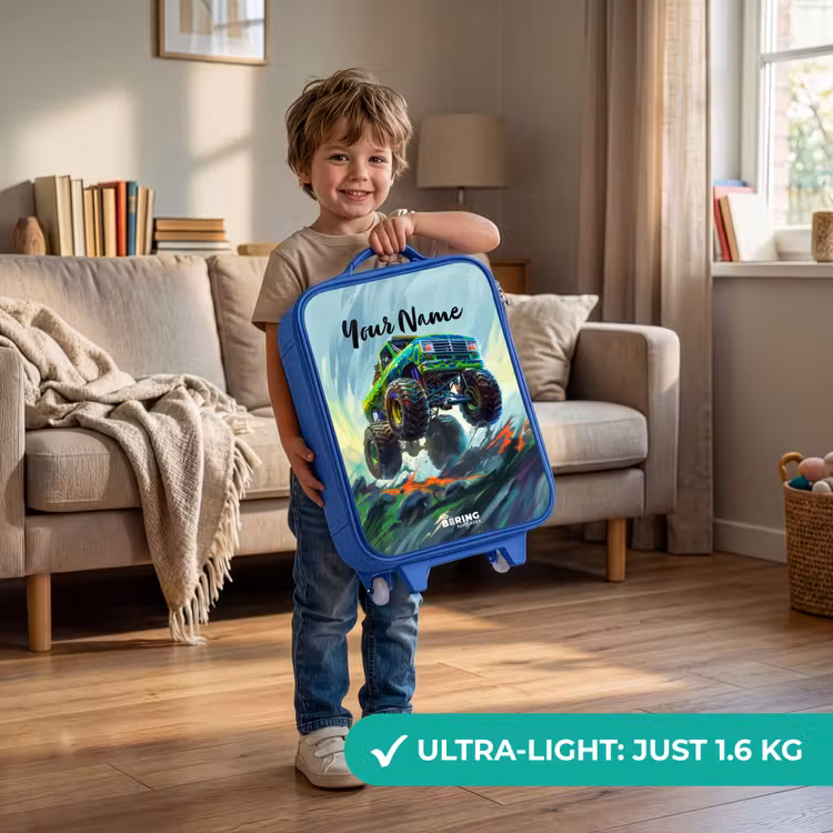 Kids’ Suitcase - Blue - Green Monster Truck with Brushstrokes — 4