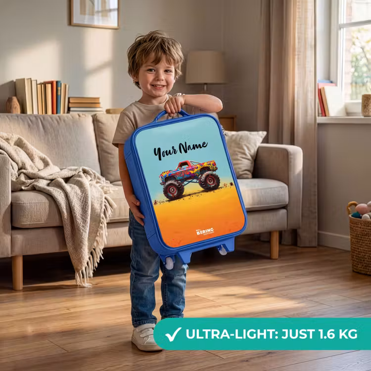 Kids’ Suitcase - Blue - Monster Truck with Graffiti Print in the Sand — 4