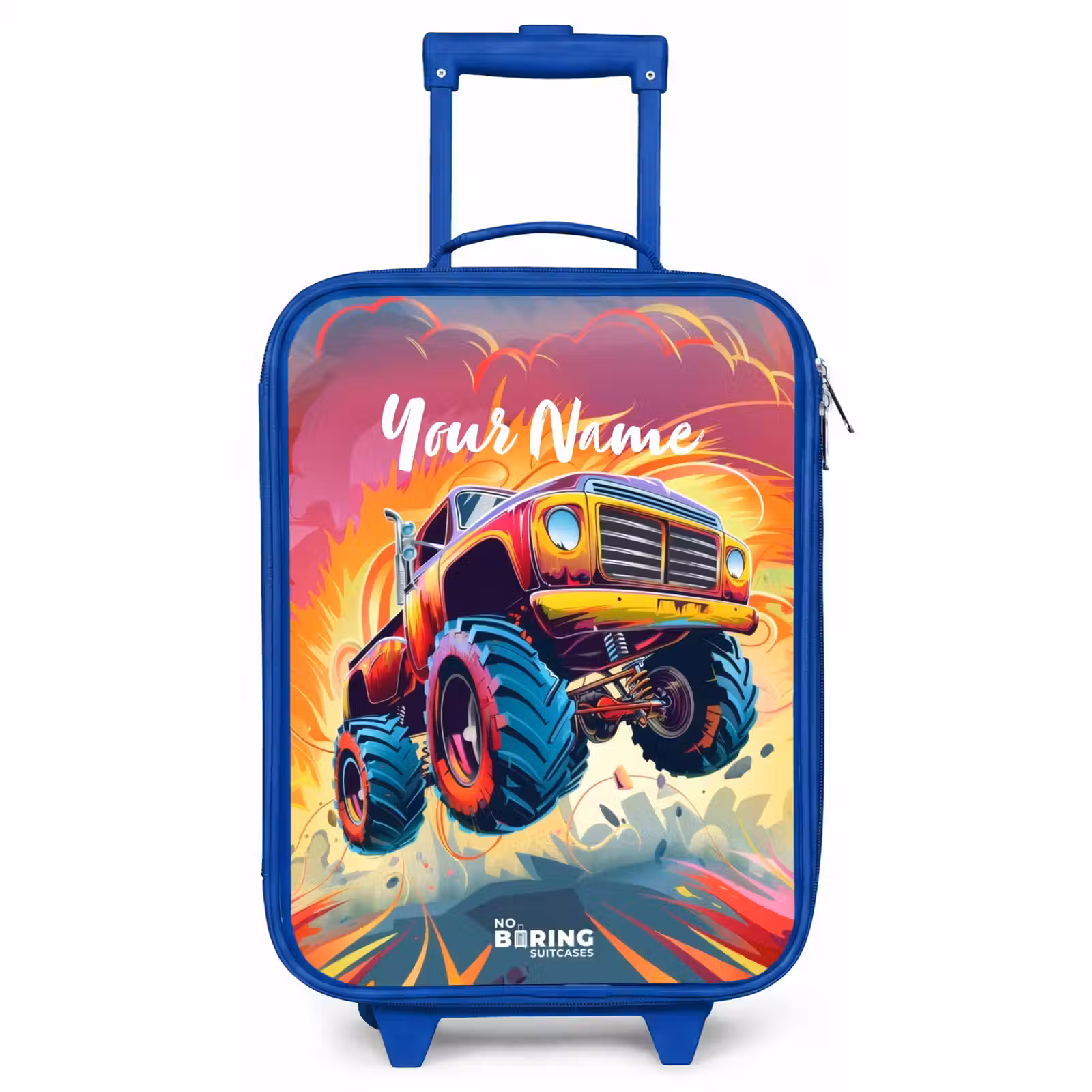 Kids’ Suitcase - Blue - Pink Monster Truck Flies Over the Tarmac — 1