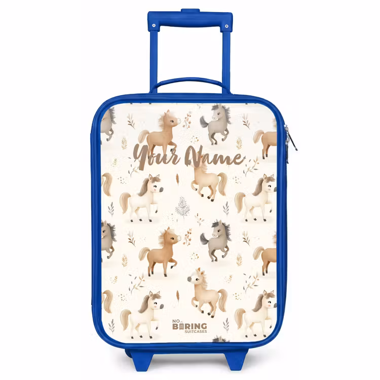 Kids’ Suitcase - Blue - Pattern of foals in beige and brown colors — 1