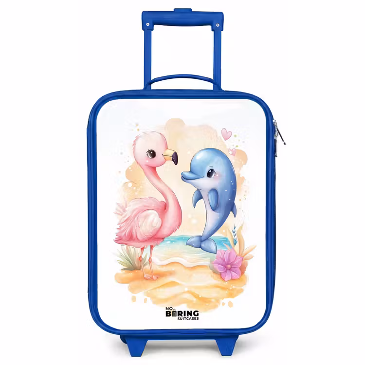 Kids’ Suitcase - Blue - Pink flamingo and blue dolphin on a beach — 1