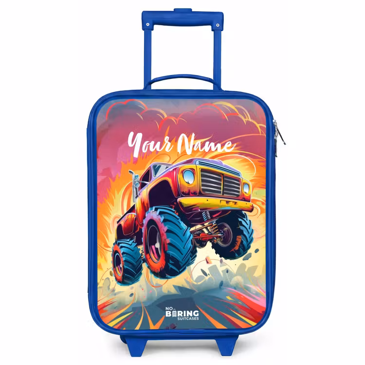 Kids’ Suitcase - Blue - Pink Monster Truck Flies Over the Tarmac — 1