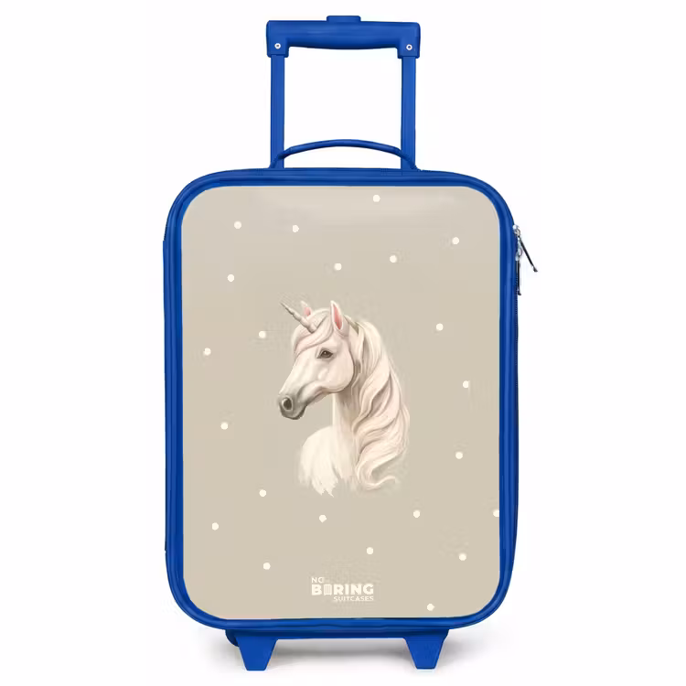 Kids’ Suitcase - Blue - Unicorn surrounded by polka dots in neutral colors — 1