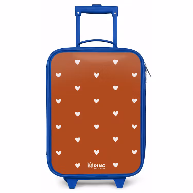 Kids’ Suitcase - Blue - White heart pattern on orange brown background — 1