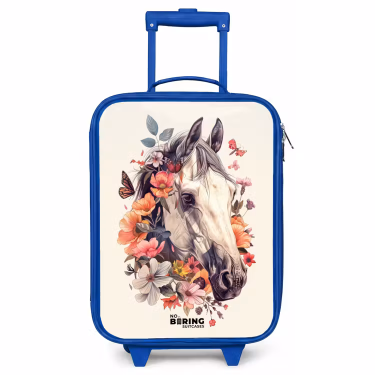 Kids’ Suitcase - Blue - White horse head surrounded by flowers and butterflies — 1