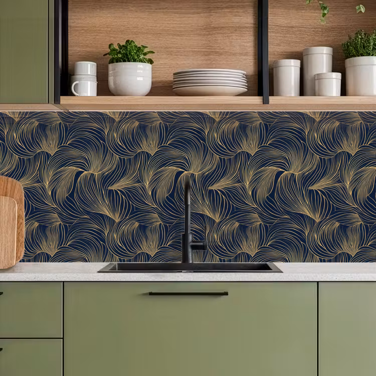 Kitchen Wall Splashback - Abstract - Lines - Blue - Gold — 2