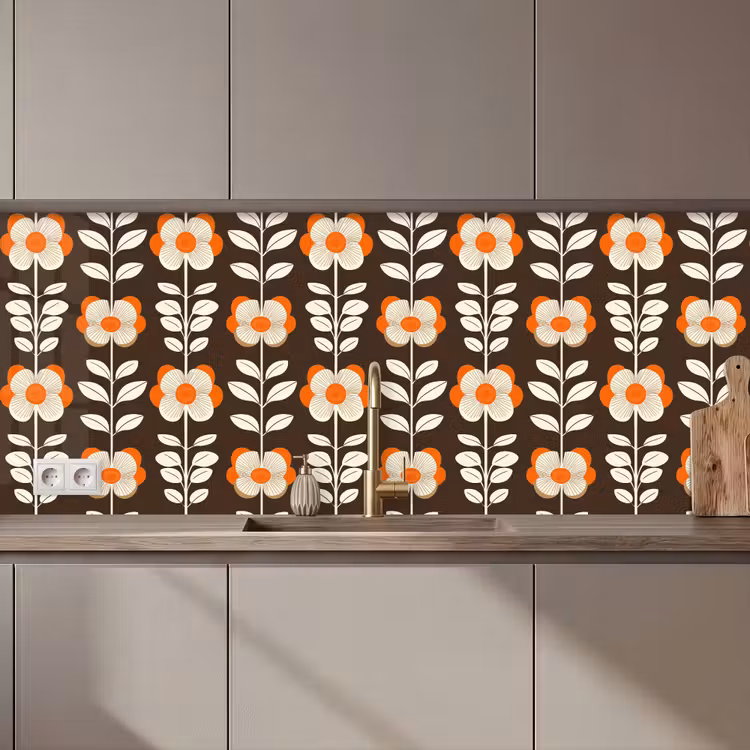 Kitchen Wall Splashback - Flowers - Retro - Brown — 1