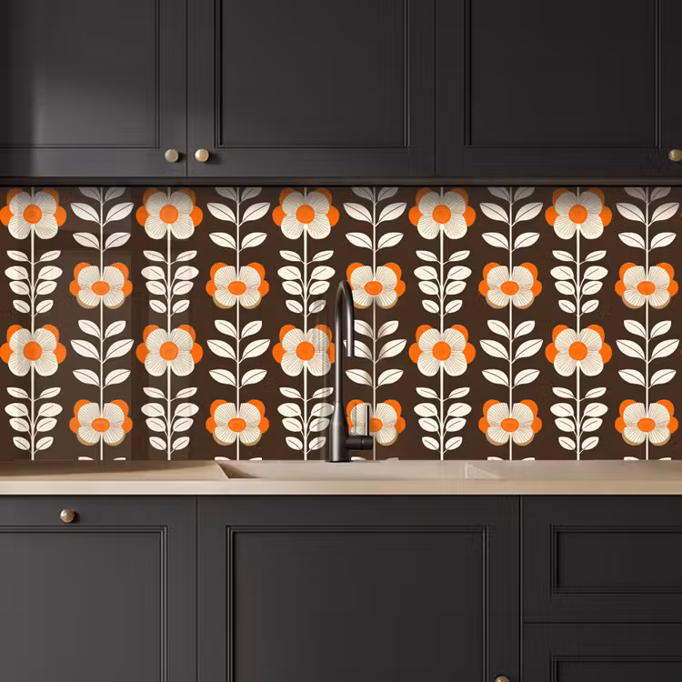 Kitchen Wall Splashback - Flowers - Retro - Brown — 3