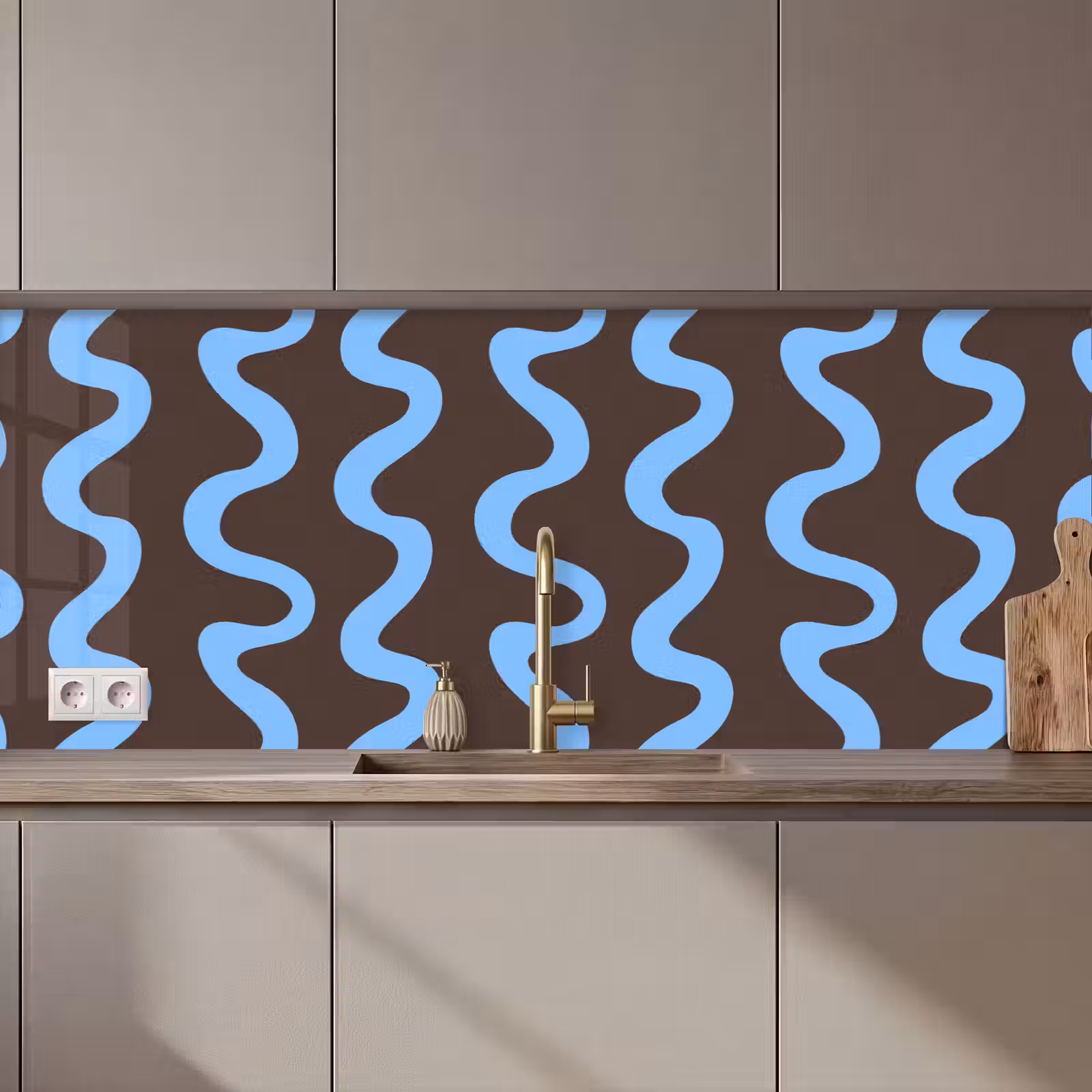 Kitchen Wall Splashback - Winding lines - Blue - Brown - Minimalist — 1