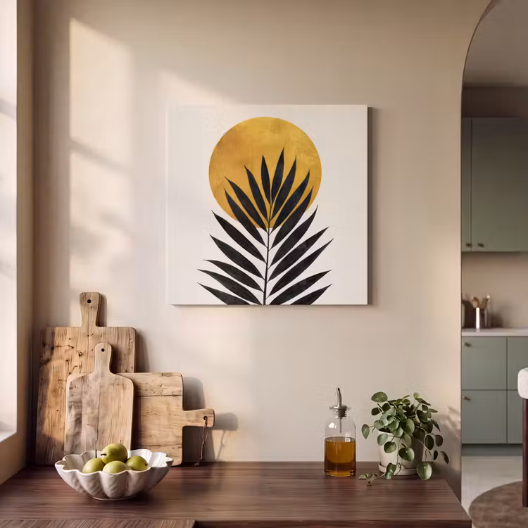 Acoustic Felt - Black palm leaf - Golden circle - Beige background — 3